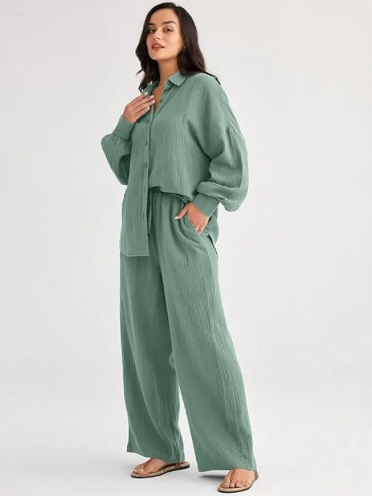 

Autumn New Solid Color Button Cardigan Trousers Women's Clothing Fashionable Casual Loose Wide Leg Pants Women's Two-piece Suit