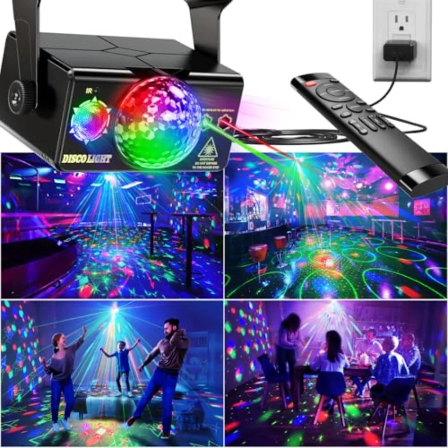 Party Lights DJ Disco Ball and LED Stage Strobe Light with Sound-Activated 10Feet USB-C Cable, Remote, Disco Lights for Parties
