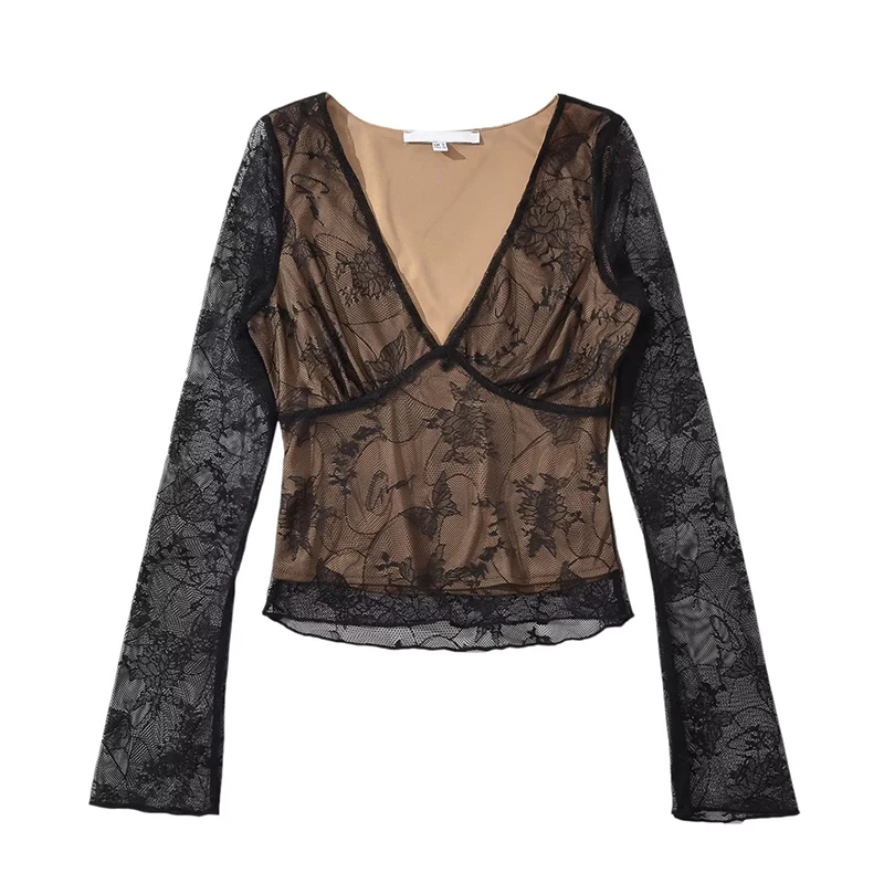 YENKYE Sexy donna prospettiva manica lunga con scollo a V camicetta in pizzo Slim Chic Crop Top