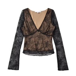 YENKYE Sexy donna prospettiva manica lunga con scollo a V camicetta in pizzo Slim Chic Crop Top