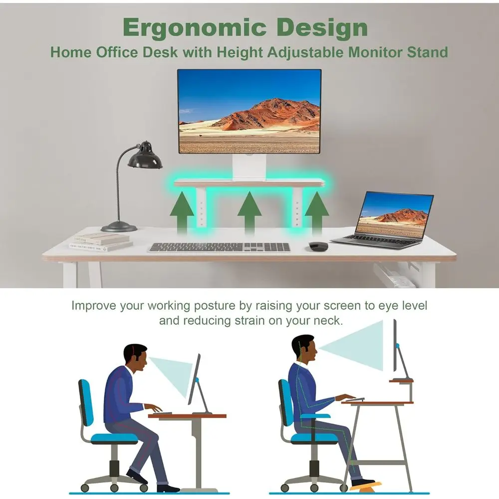 Modern 47 Height-Adjustable Desk for Gaming and Home Office, White Metal Frame, with Monitor Stand