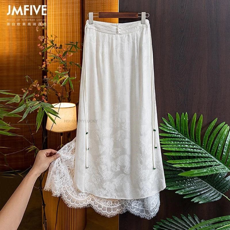 

Women's high-waisted Slimming Traditional Chinese button-up Half Skirt Spring National Trend Jacquard Lace Elegant Skirt