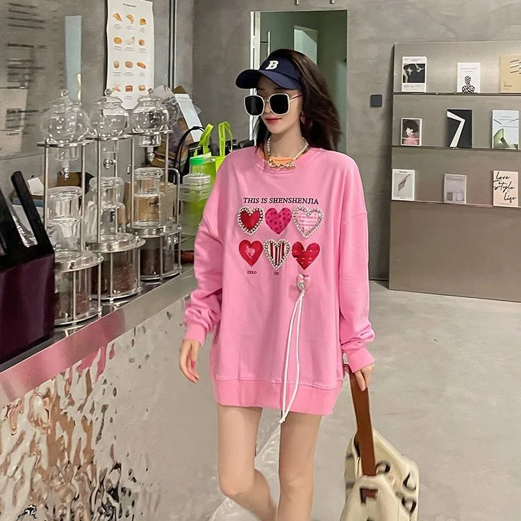 Autumn 2023 New Fashion Love Printing Pullovers Top Beading All-match Loose O-neck Long Sleeve Streetwear Sweatshirt Casual