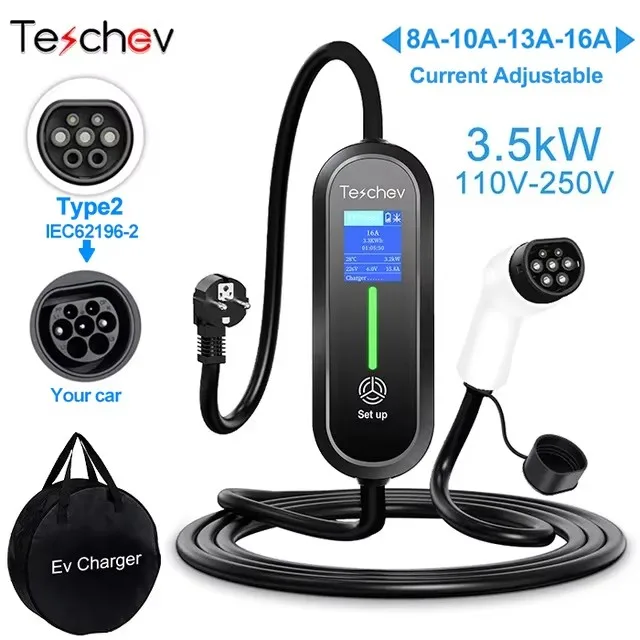 Teschev 220V draagbare EV-oplader Type1 16A oplaadkabel Wallbox EVSE Type2 laadstations voor elektrisch voertuig