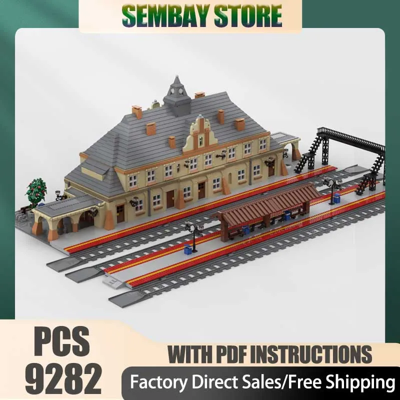 

Модульная модель железнодорожной станции в неоклассическом стиле из строительных блоков Street View Moc, технологичный конструктор, рождественский подарок, игрушка для самостоятельной сборки