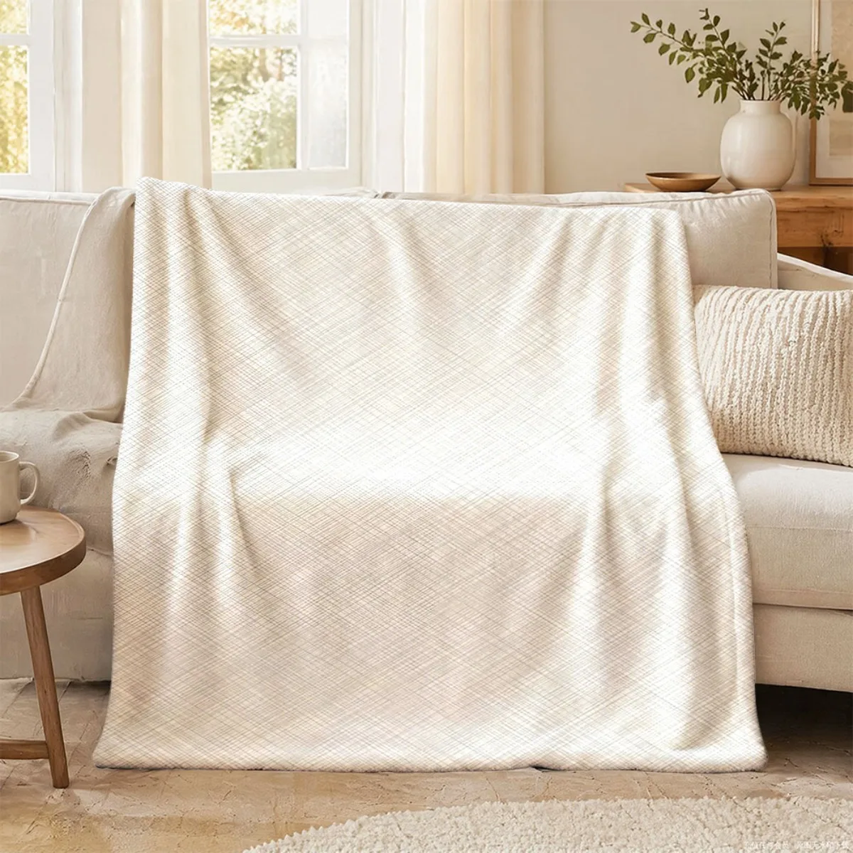2D Flat Printing 1pc White Textured Diagonal Crosshatch Pattern Soft Flannel Throw Blanket Warm Soft Comfortable Flannel Four Se