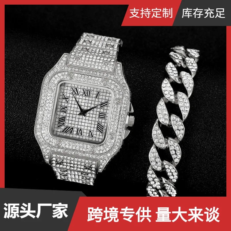 Men's Fashion Luxury Square Roman Steel Strap Quartz Watch+Oval Hop Bracelet Men's Watch