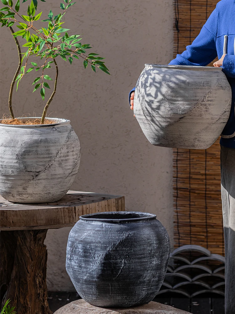 Wabi-Sabi Style Ancient Simulation Magnesium Mud Pottery Large round Outdoor Courtyard Decorative Flower Pots Rough Clay Vase