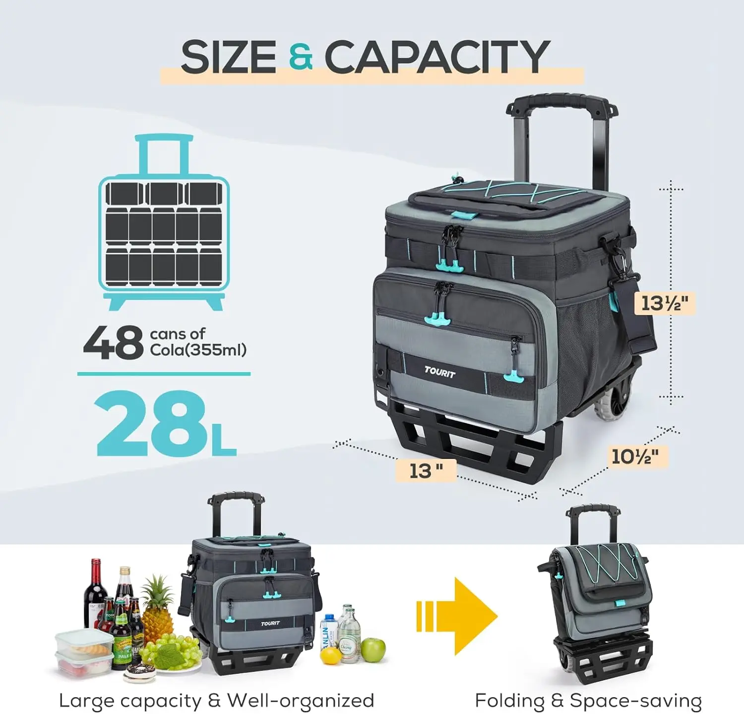 Collapsible 48-Can Leak-Proof Insulated Rolling Cooler with All-Terrain Cart, Upgraded Fixtures and New Wheels Suitable f