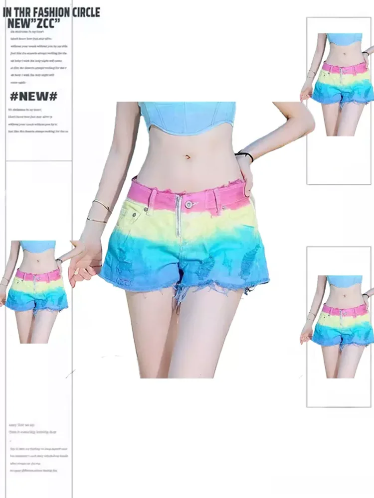 

Women's Clothing Tie-Dyed Mini Denim Shorts Vintage Tassel Jean Shorts Aesthetic Korean Ripped Cowboy Short Pants 2000s Summer