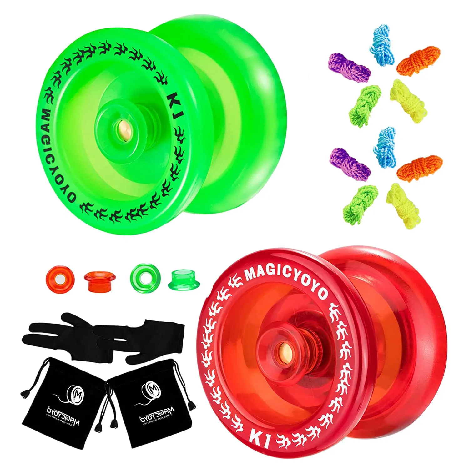 

MAGICYOYO Pack of 2 Yoyos,K1 Responsive YoYos with 2 Yoyo Sacks+10 Strings and 2 Yo-Yo Gloves Gift ( Crystal Red & Green Yoyo)