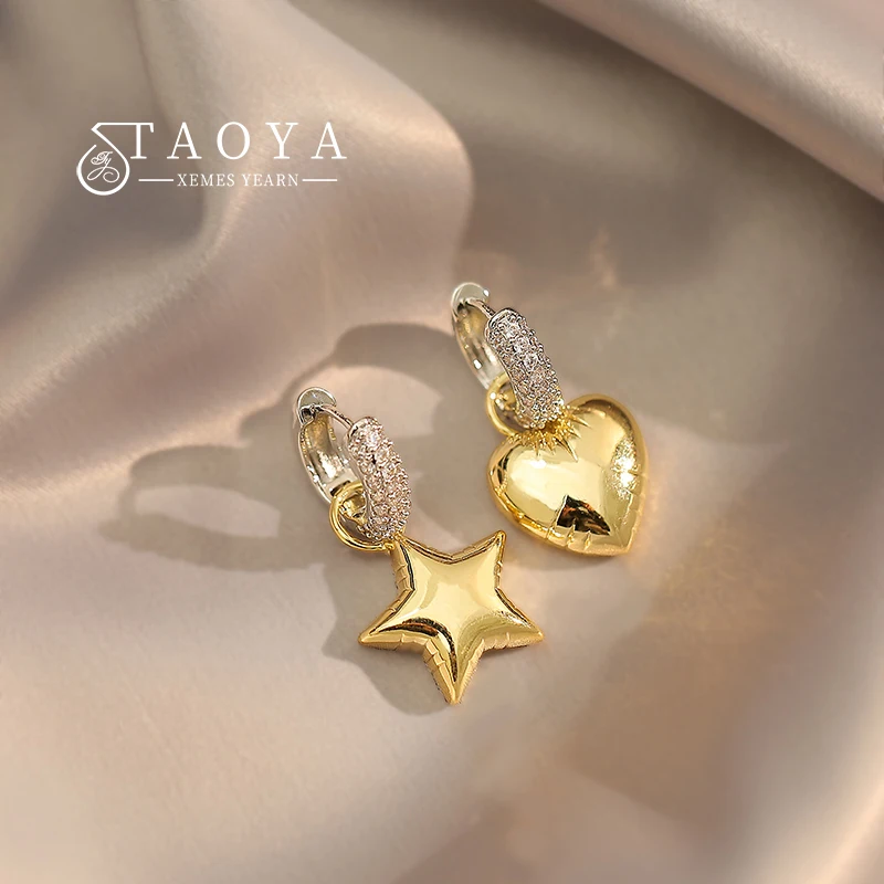 European and American Design Asymmetrical Color Contrast Star Heart Pendant Dangle Earrings For Women’s Fashion Jewelry in 2023