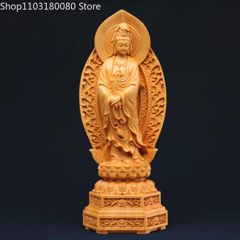 

20cm cypress wood carving prayer beads Guanyin buddha statue Chinese KWAN-YIN sculpture