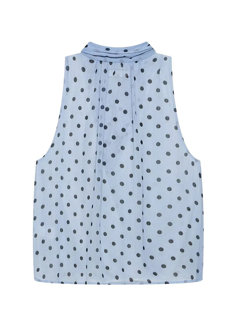 HH Women Summer Spring Vintage Feminine Light Blue Polka Dot Blouse Spring Tie Neck Wrap Front Sleeveless Chiffon Top For Daily