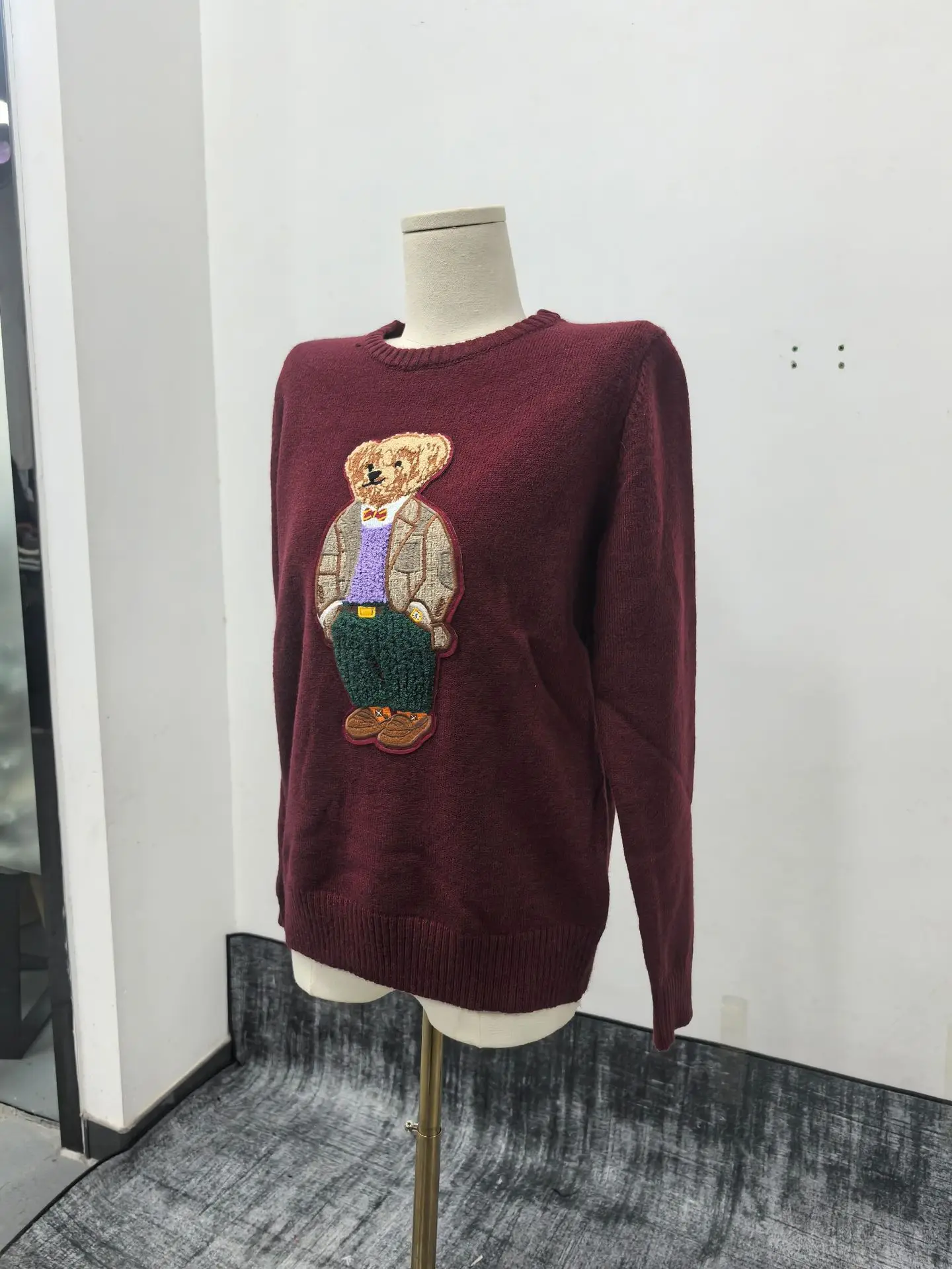 Maglione ricamato con orso dei cartoni animati da donna autunno inverno nuovo |   Top in maglia stile preppy con scollo tondo e vestibilità slim