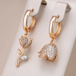 Kinel Hot 585 Rose Gold Color Asymmetrical Big Drop Earrings For Women Full Shiny Natural Zircon Accessories Daily Fine Jewelry