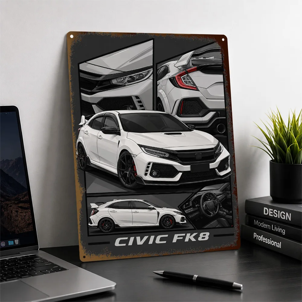 Japan Civic FK8 White Sports Car Textured Poster Customized Metal Tin Sign Speed Icon Tribute Wall Art For Garage And Man Cave
