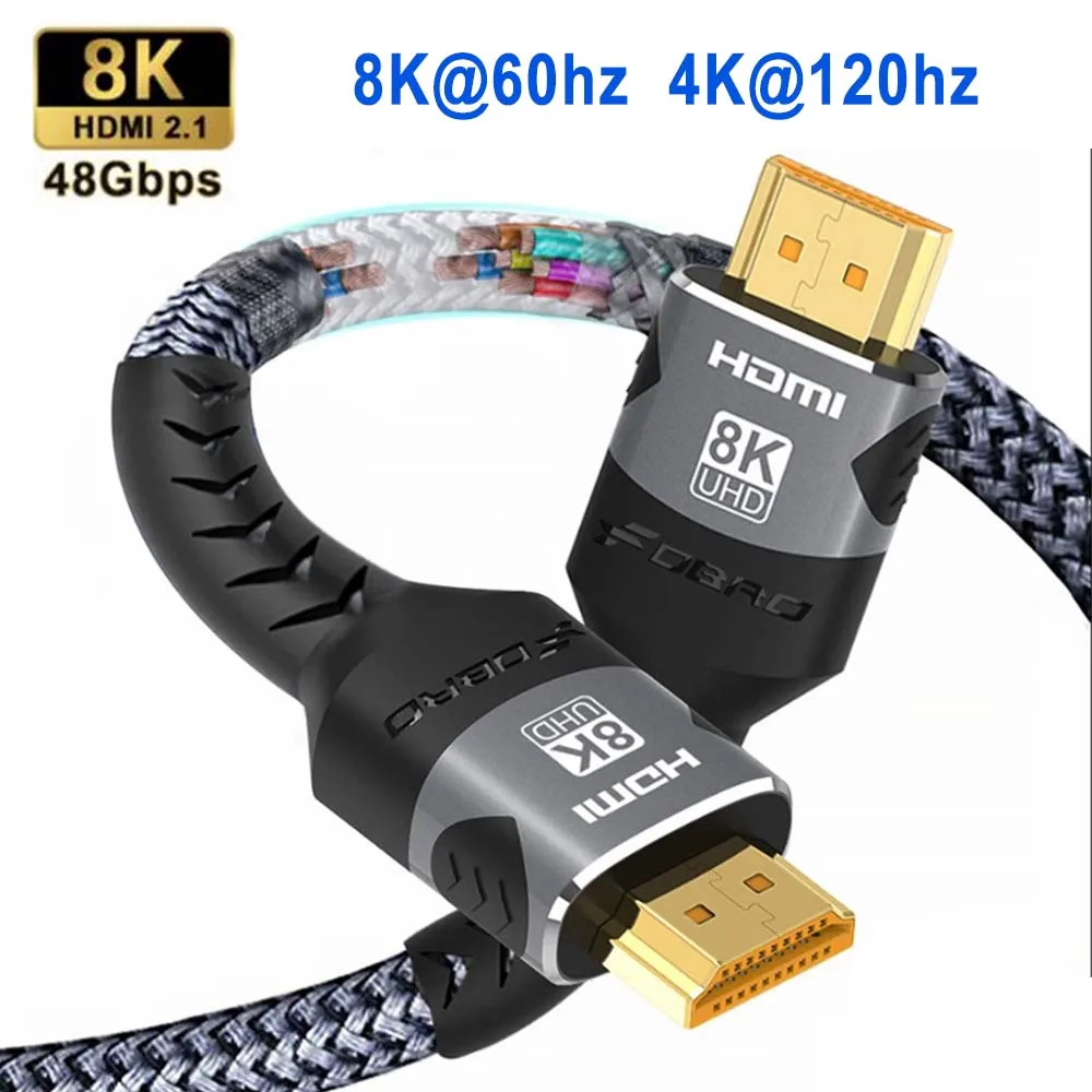 Cavo HDMI 8K HDMI 2.1 48gbps 10FT/3M, HDMI intrecciato ad alta velocità Cord-8K @ 60Hz 4K @ 120Hz DTS:X, HDCP 2.2 e 2.3, HDR 10 per Laptop/PS5