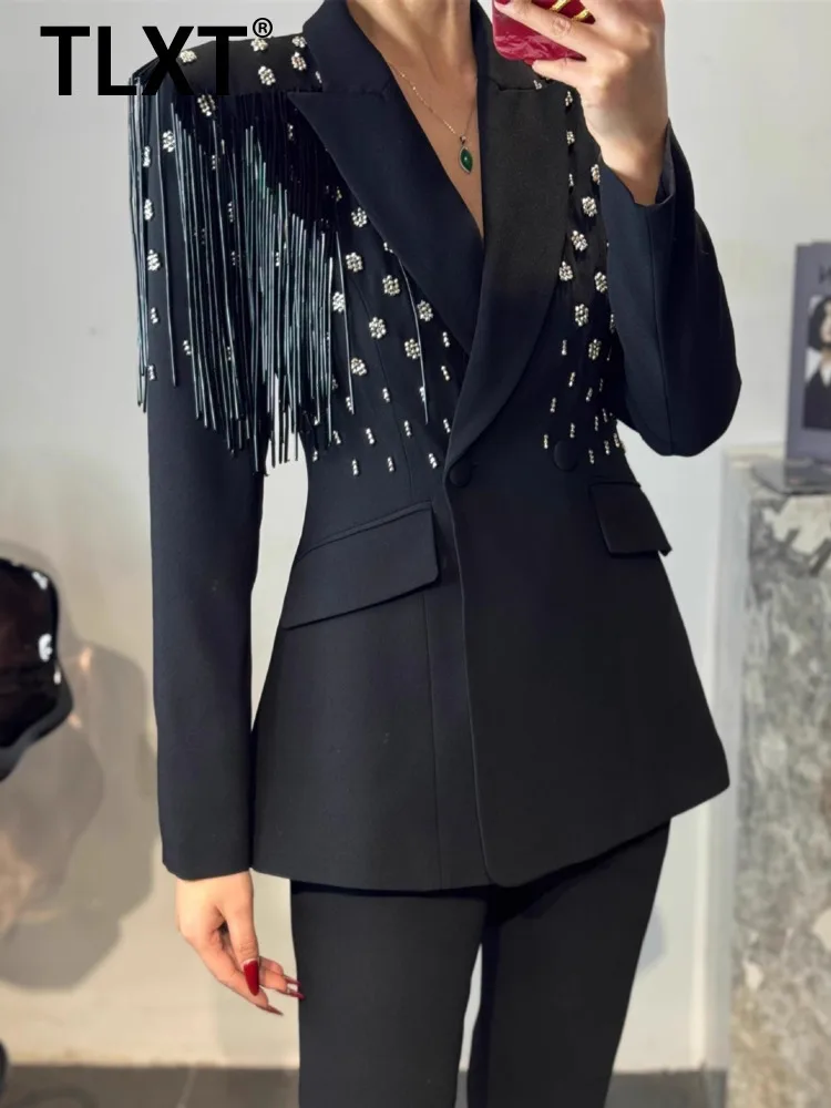

TLXT модный женский пиджак с кисточками и присборенной талией, куртки со сращенными бриллиантами, уличная одежда, пальто, женские весенние новинки 2025, XK1346