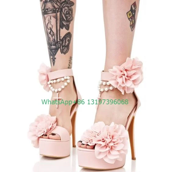 Lady pink rose design cross platform sandals cover heel stiletto heel pearl shoes party elegant open toe high heels footwear 46