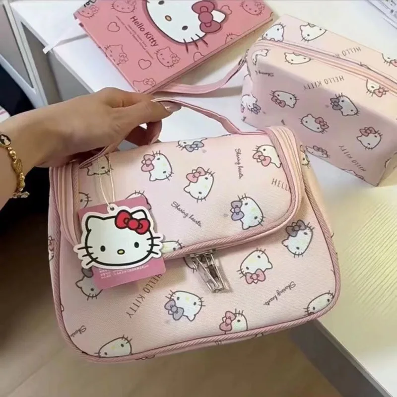 

Sanrio Hello Kitty Makeup Bag Women Zipper Cosmetic Organizer Girls Handheld Large Capacity Storage Bag Portable Travel Wash Bag