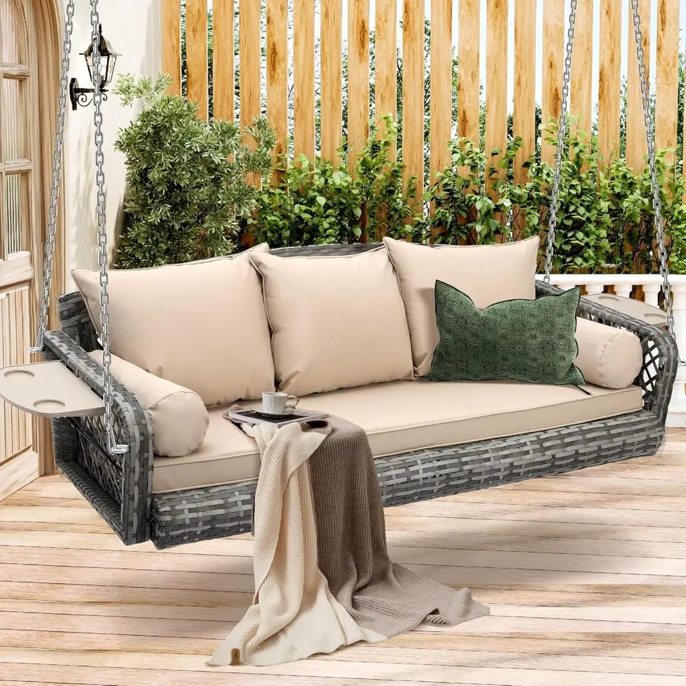 

3-Seat Wicker Swing Chair with Cushions and Cupholders, Outdoor Patio Lounge for Garden or Balcony