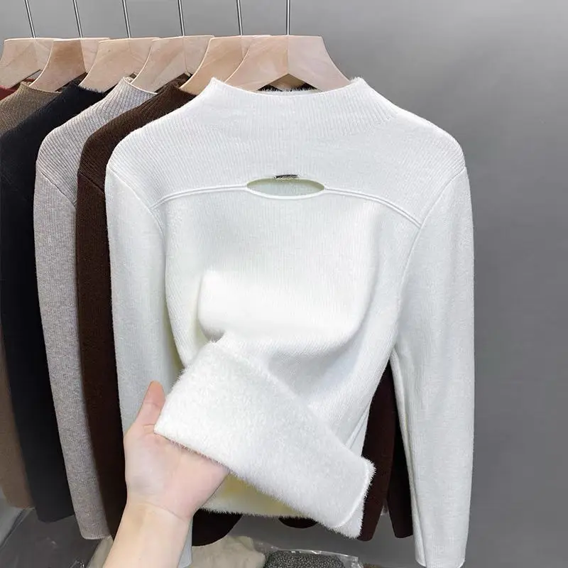 

Integrated Velvet Half Turtleneck Sweater for Women Plus Velvet Thickened Base Shirt Autumn Winter Hollow Knitted Thermal Top
