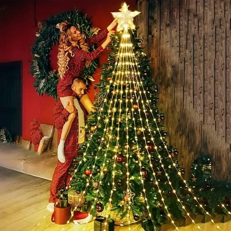 Solar Remote Control Christmas Waterfall Fairy String Lights with Topper Star Christmas Tree Decorations