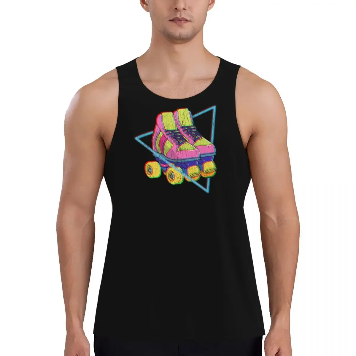 Retro Roller Skates Colorful Gym Tank Bodybuilding Vest Fitness Sleeveless Tops Quick Dry Men Workout Sports Clothing