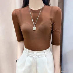 Maglia trasparente camicia a maniche corte donna mezza manica O-collo maglietta sottile ragazze caffè viola nero bianco O collo camicette femminili