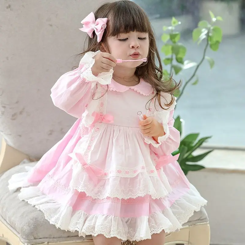 

Girls' 2024 Spring And Autumn New Baby's Elegant Birthday Dress Children's Wear Lolita Round Neck Maid Princess long sleeve lace