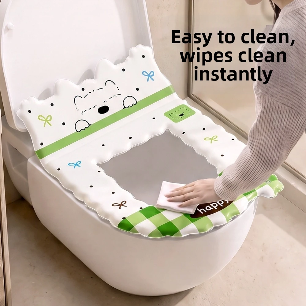 Cute Waterproof Backrest Toilet Seat Plaid Cartoon Puppy Pattern Toilet Seat Cushion Removable Toilet Gasket Bathroom Use