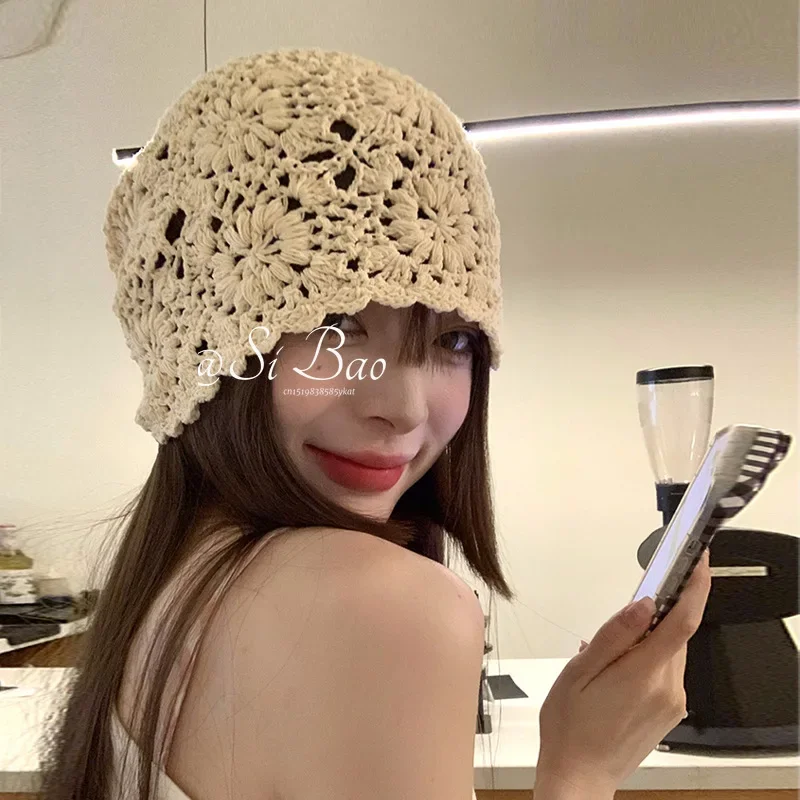 Knitted Hat Thin Hollow Women's Hook Hat Weave Women's Wool Caps Knitted Hollow Breathable Women's Hats Gorras Para Mujer Кепка