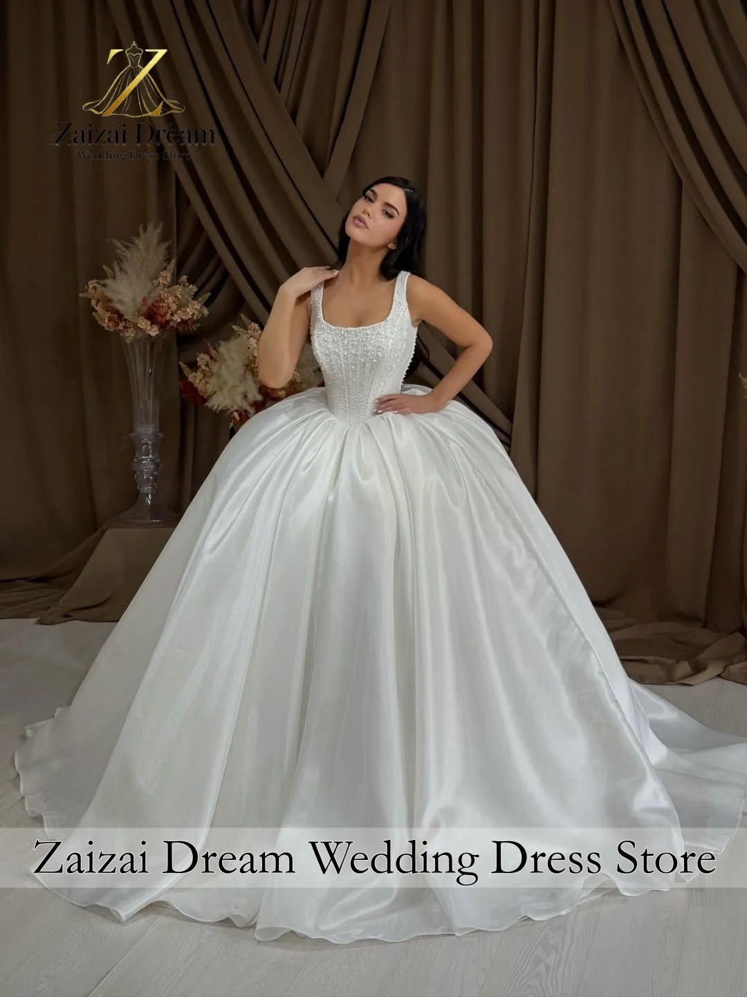Customzied Luxury Pearl Satin Wedding Dress Square Neck Ball Gown Princess Bridal Gown with Long Train Vestido De Novia