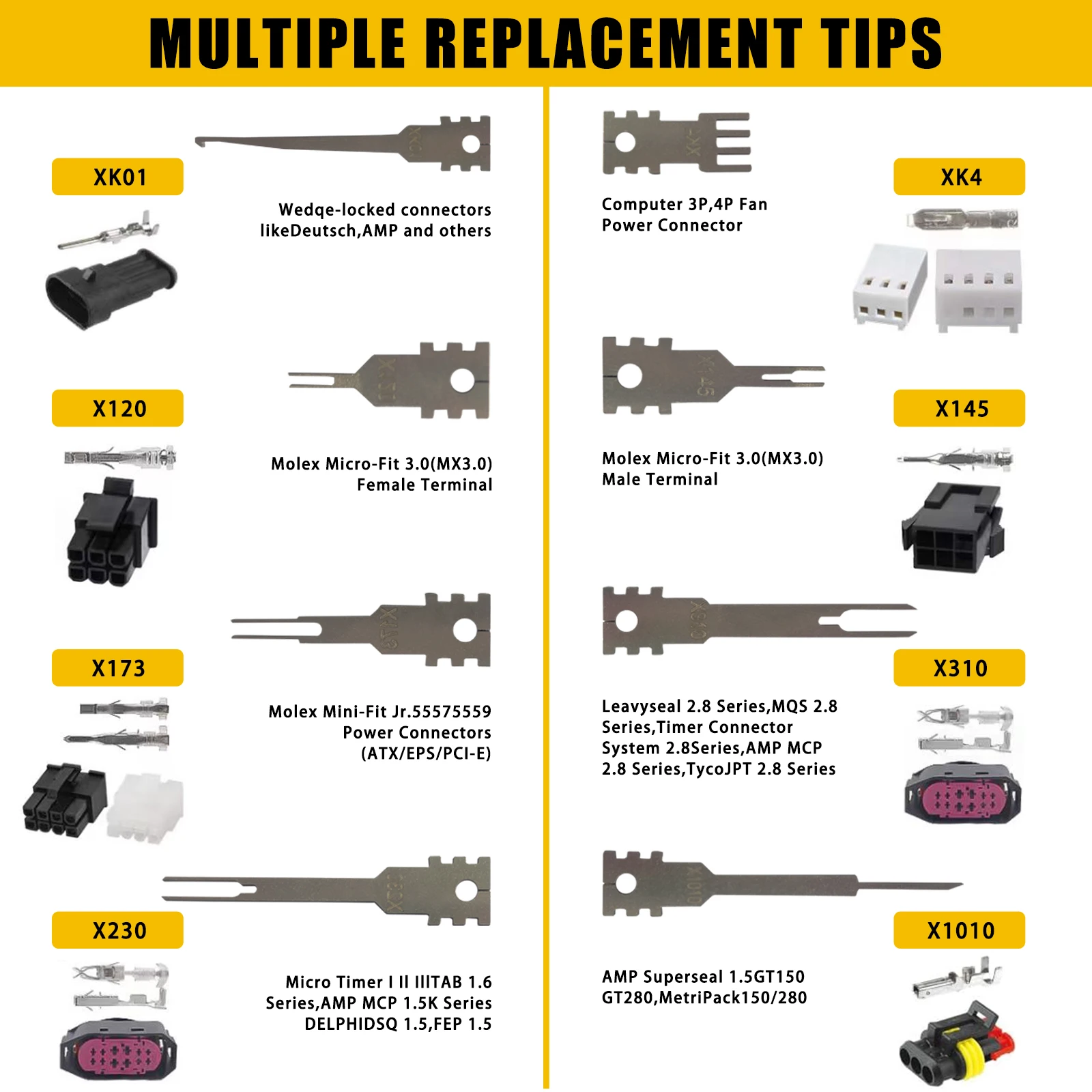 Double headed detachable terminal pin extraction tool suitable for AMP Metri Pack  Molex connectors, and General Motors repair