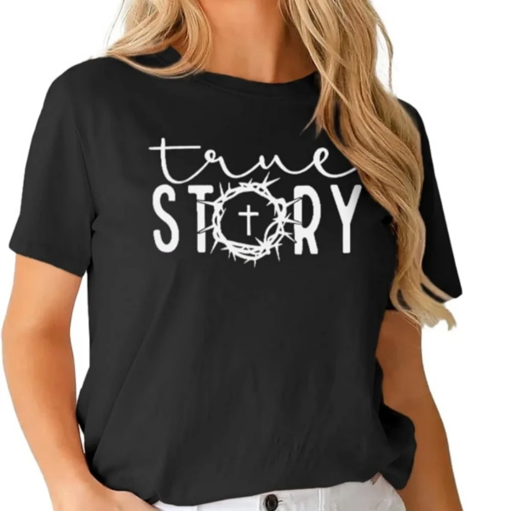 Women Christian Easter Shirt True Story of Jesus T-Shirt Letter Printed Retro Religious Tee Short