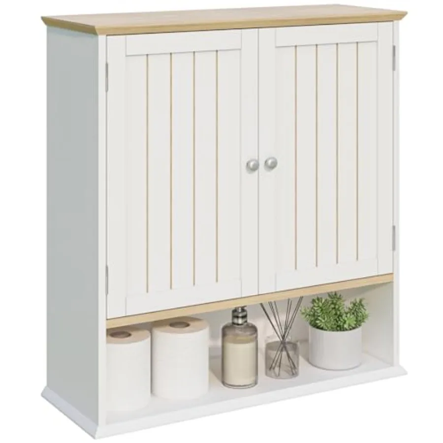 

Wall Cabinet with 2 Doors and Open Shelf Space Saving Medicine Cabinet, Wooden Wall Mounted Storage Cupboard for Bathroom Organ