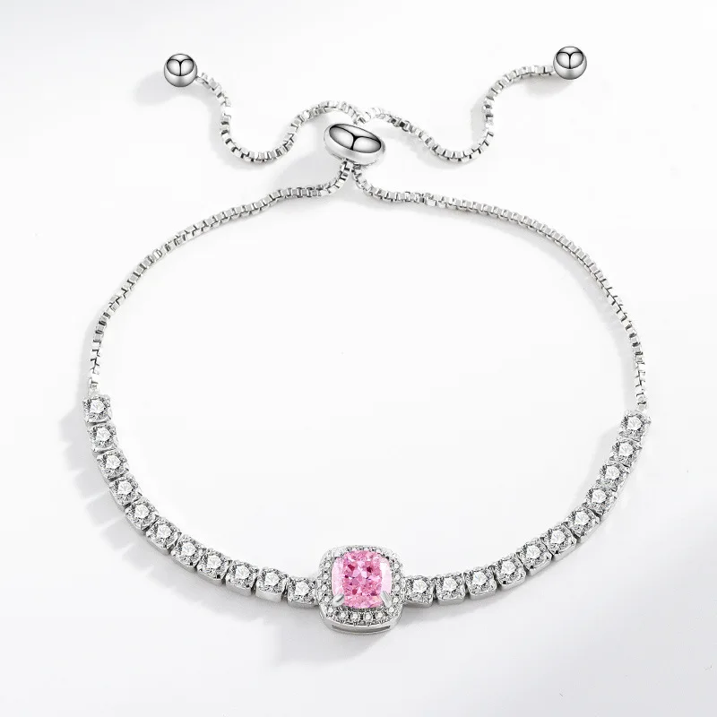 

925 Sterling Silver Ice Flower Cut Crystal Zircon Princess Square Bag Stretch Bracelet Birthday Anniversary Wedding Party Gift