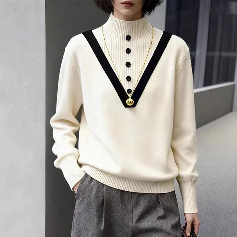 

2025 Autumn Winter Women Pullovers Sweater Contrast Color Long Sleeve Knitted Shirt Half High Collar Casual Knitwear Tops