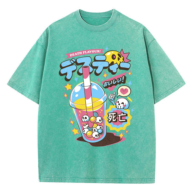 Fashion Woman Washed T-Shirts Funny Skull Drink Printing Short Sleeve Cotton Distressed Oversize Crewneck Tops Street Clothes