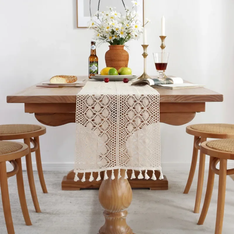 Boho Beige Table Runners Vintage Farmhouse Bohemian Crochet Macrame With Tassels Covers for Wedding Party Baby Shower Decoration