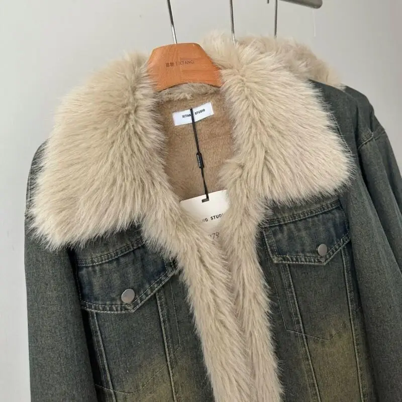 

Women Winter Coat Korean Style High End Design Fur Collar Color Block Denim Quilted Jacket Autumn New Retro Short Warm Cotton