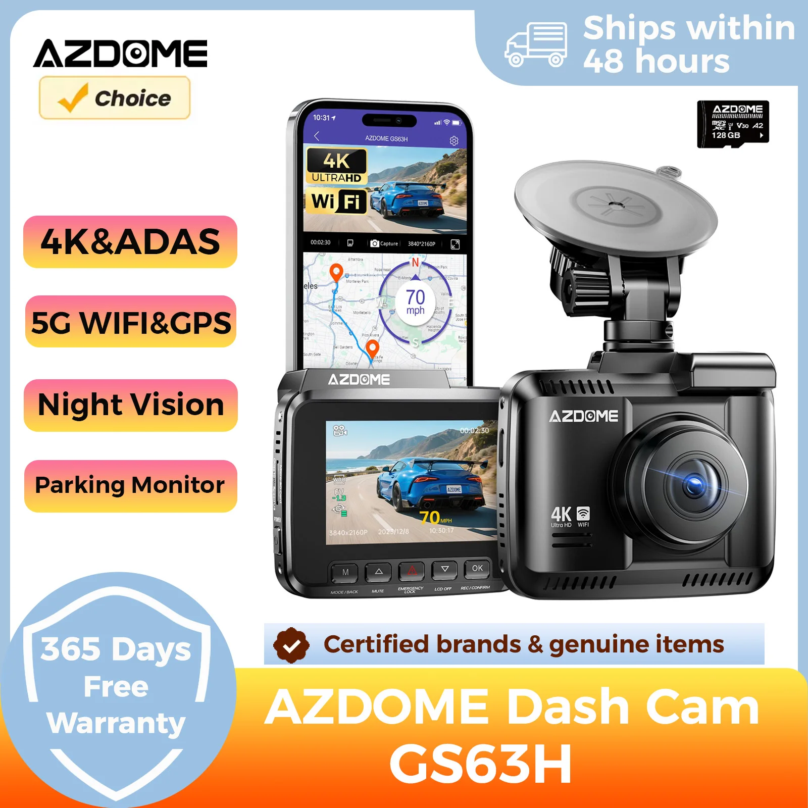 AZDOME GS63H DashCam 4K WiFi GPS Dash Camera for Cars 2.4'' IPS Screen Super Night Vision 24H Parking Monitor 150° Wide Angle