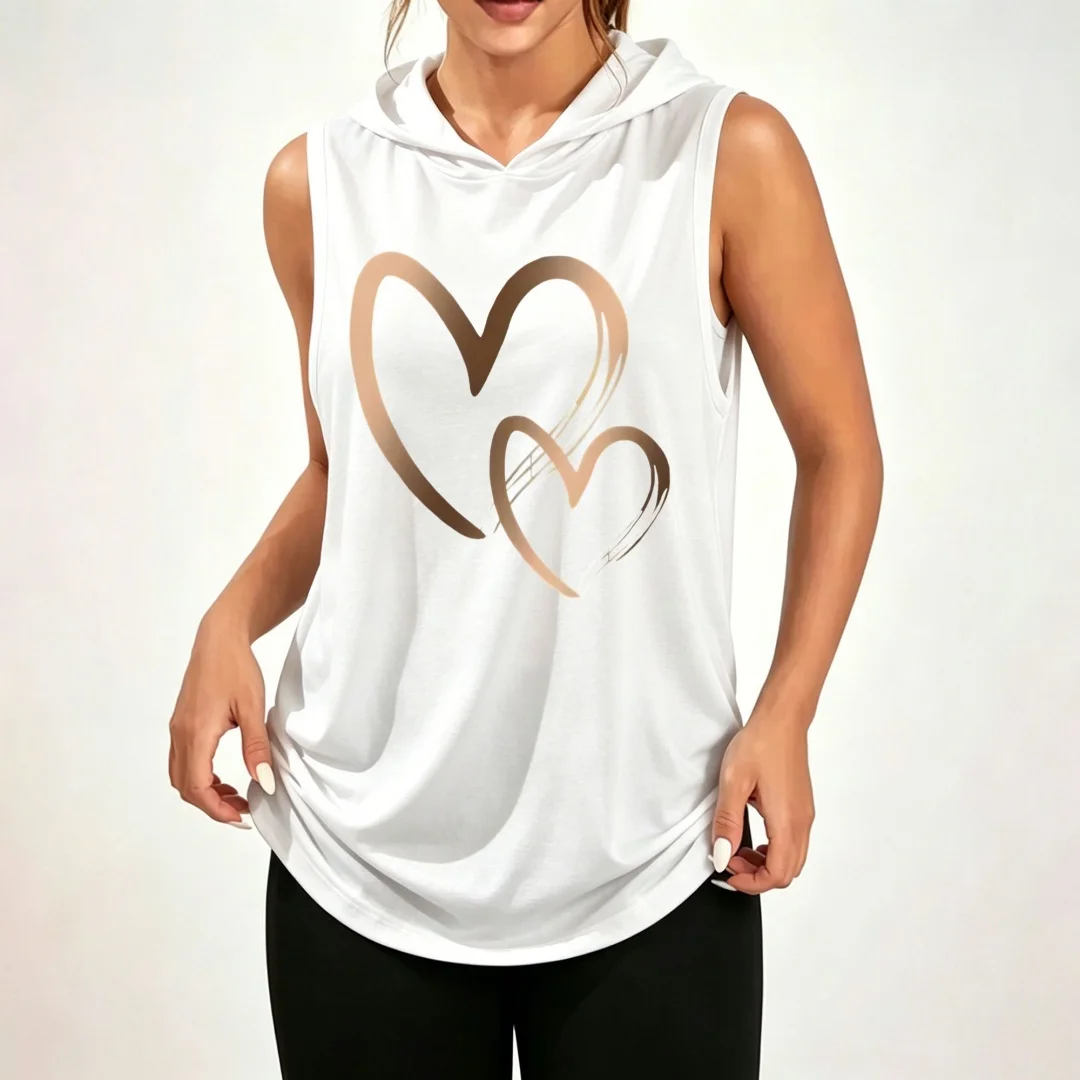 Hoodie with Gradient Double-Gold Brushstroke Heart Design — 100% Polyester, Loose-Fit Unisex Casual/Athletic Top