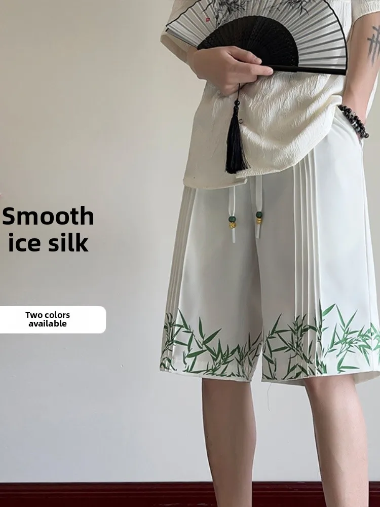 

Мужские летние тонкие свободные спортивные повседневные брюки из ледяного шелка, быстросохнущие, модные, брендовые, для активного отдыха, бриджи до колена