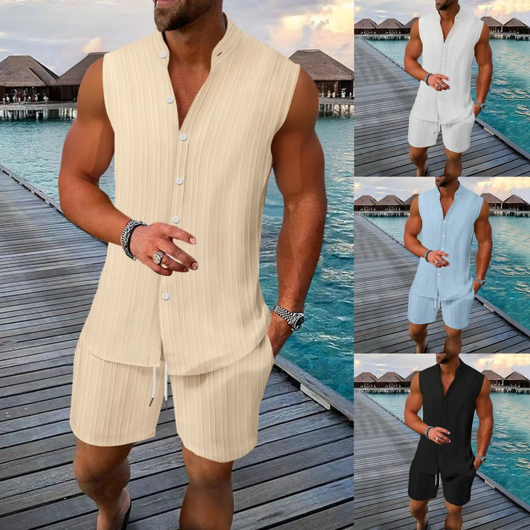 

Men's Summer Beach Sleeveless Vest Set Comfortable Stand-up Collar Loose Solid Color Shirt And Shorts Two-piece Set for Casual