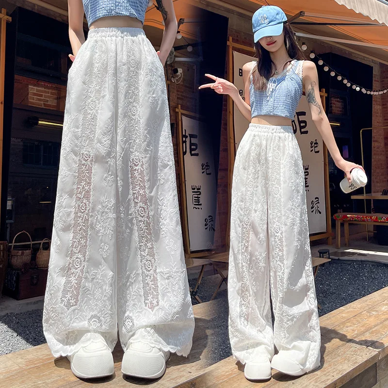 White Hollow Out Lace Straight Leg Pants Summer Thin Embroidered Casual Trousers Women's Elastic Waist Wide Leg Pants