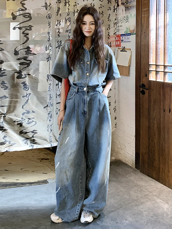 

Синий джинсовый комбинезон в корейском винтажном стиле для женщин, лето 2026, с высокой талией, широкими штанинами, цельный, модная одежда