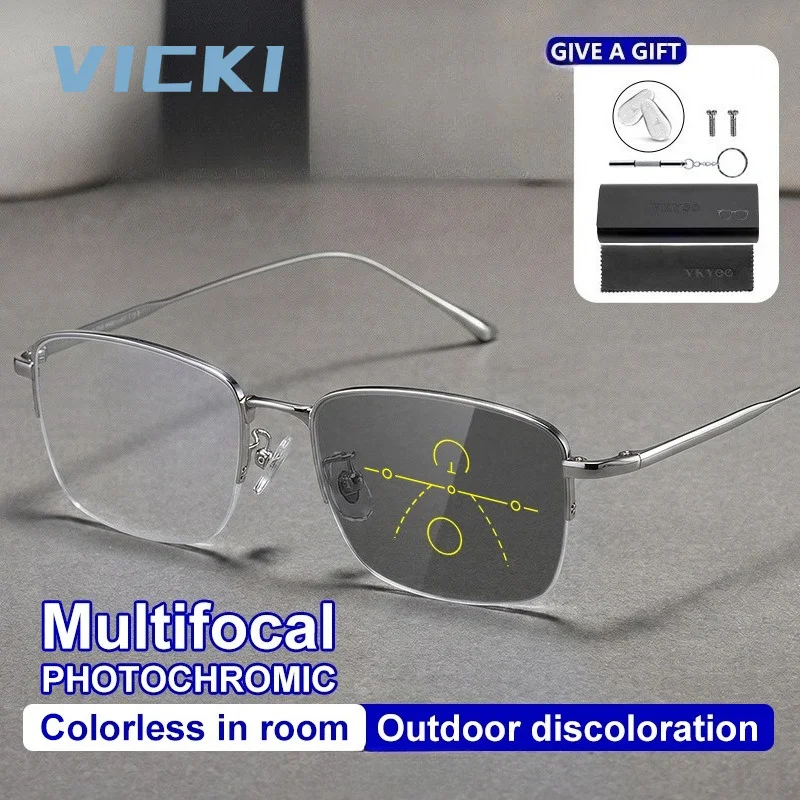 VICKI Lunettes progressives multifocales photochromiques anti-lumière bleue pour hommes, style professionnel, en titane pur, avec prescription personnalisable
