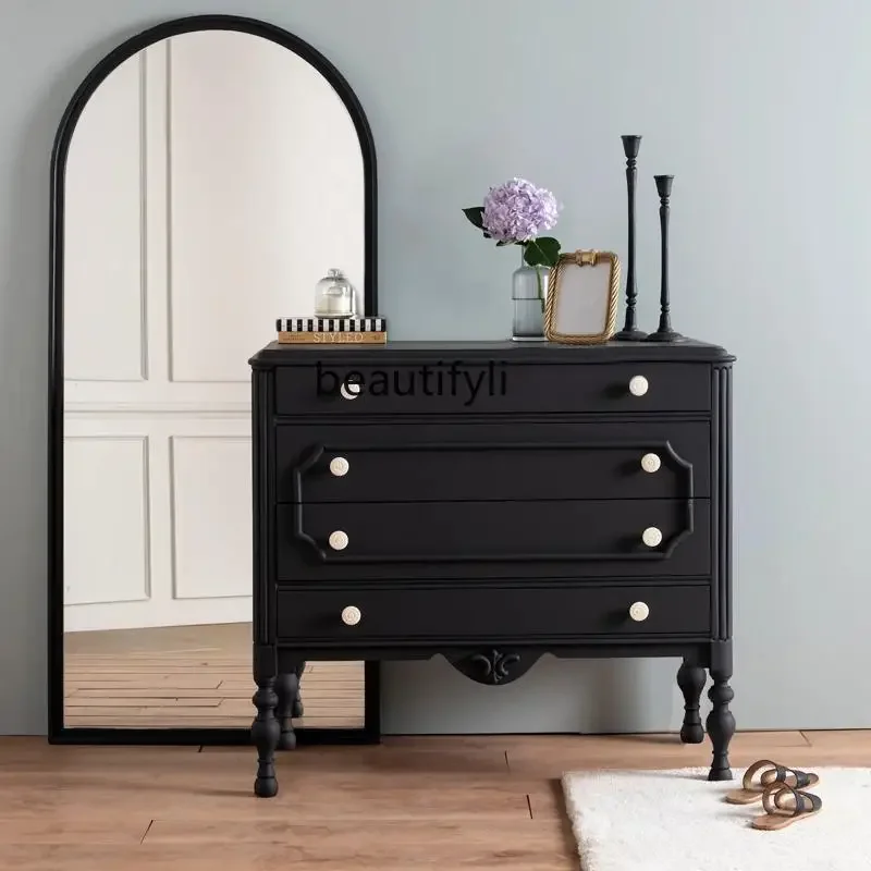 

French retro solid wood, American locker, wabi-sabi wind porch, black medieval storage cabinet